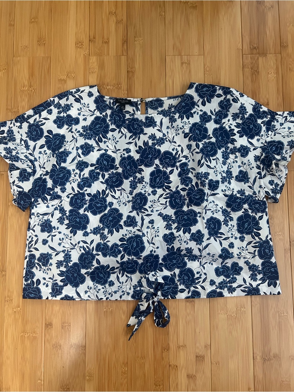Talbots White Crop Top with Navy Floral Tie Front